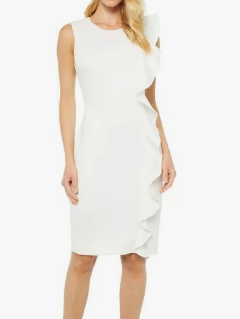 Calvin Klein White Sleeveless Ruffle Sheath Midi Dress